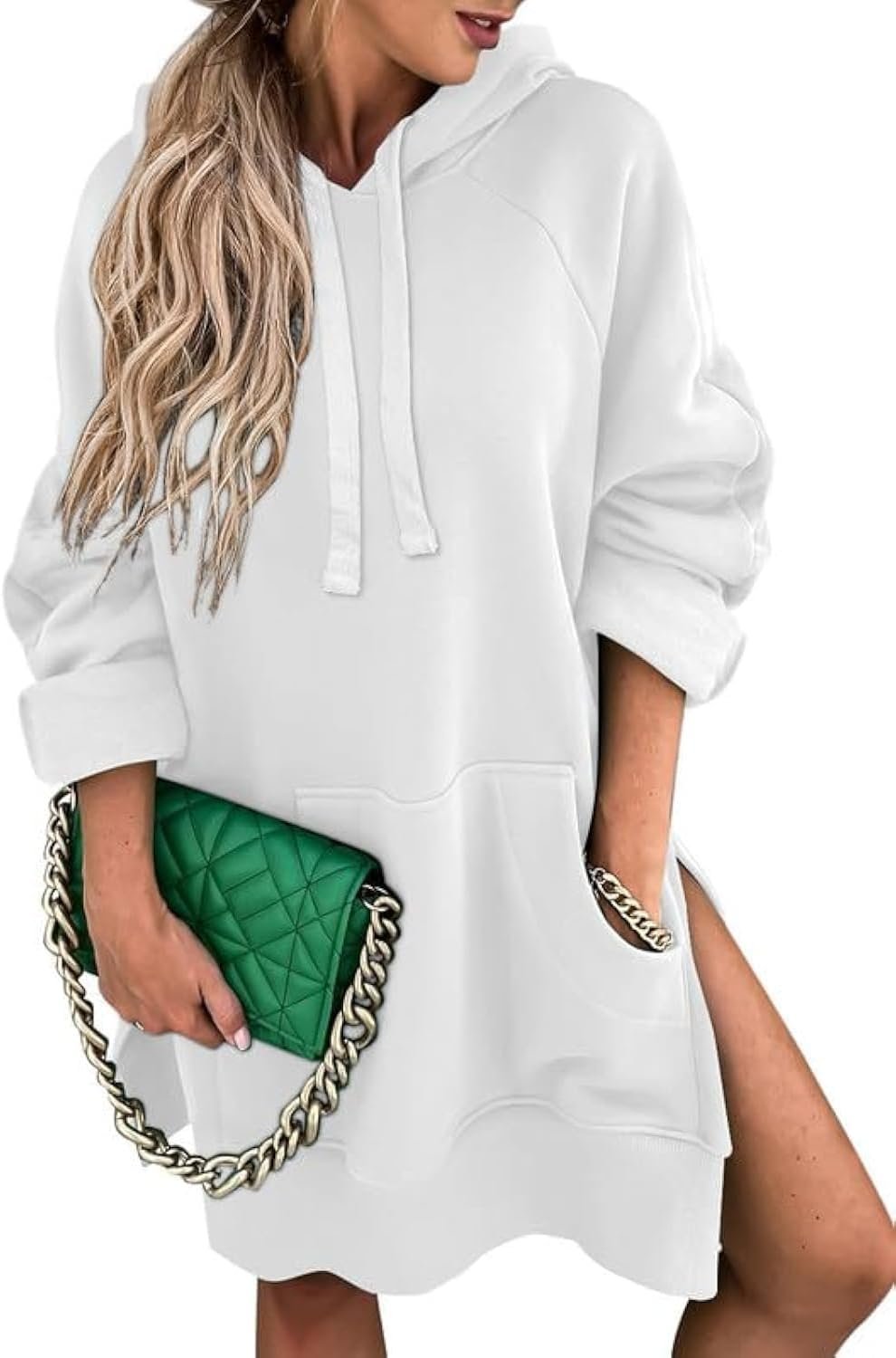 Women's Oversized Casual Pullover Long Sleeve Split Hem Drawstring Hoodies Dress With Kangaroo Pocket - Image 2