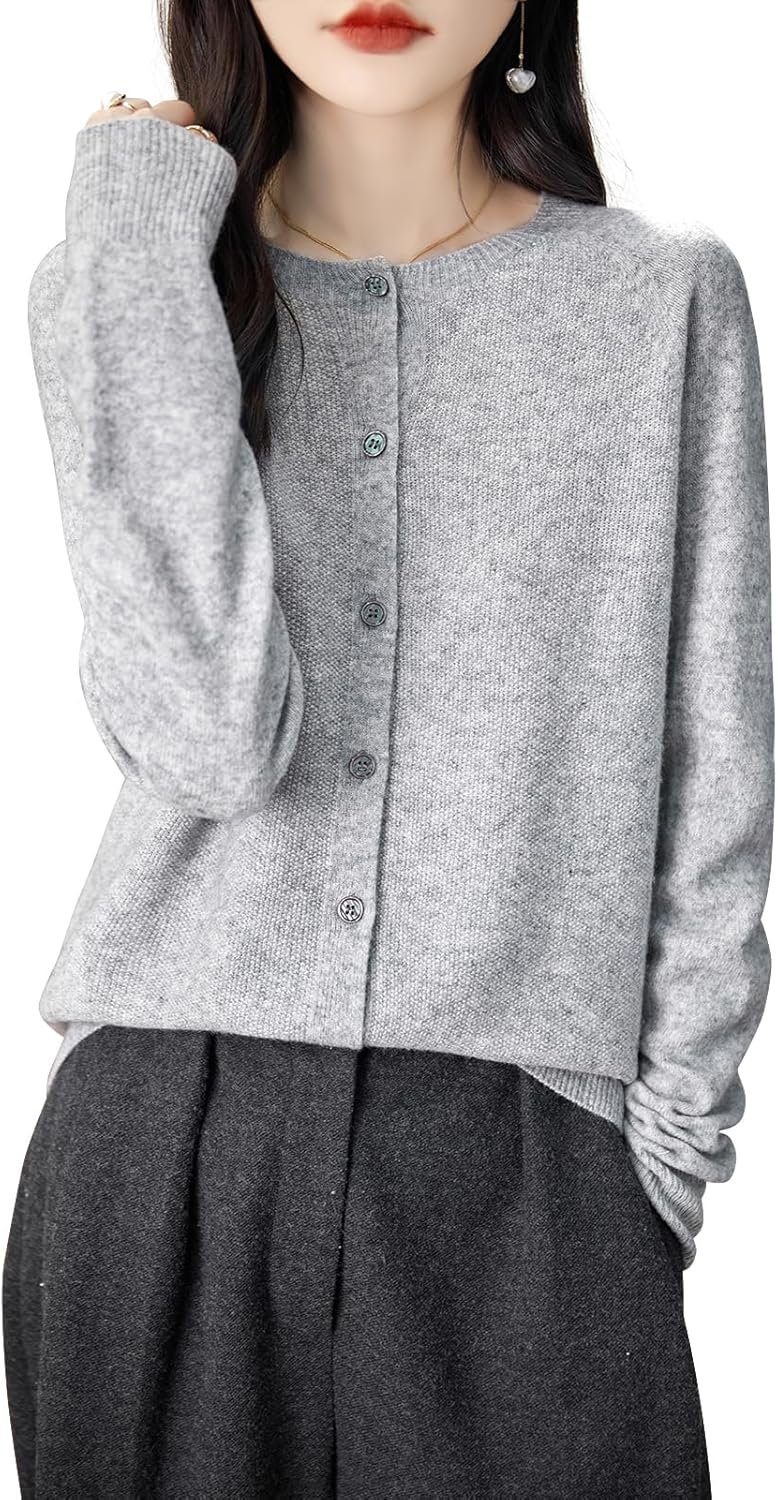 Women's Crewneck 100% Merino Wool Sweater 2025 Spring Fall Solid Long Sleeve Seamless Knitted Cardigan Sweater