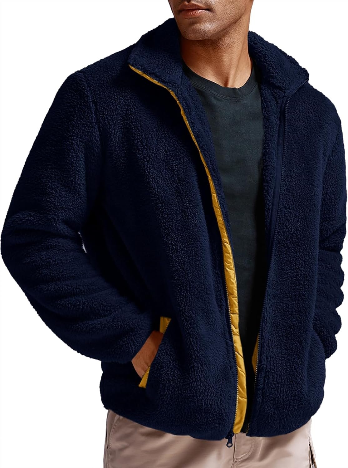 Men's Jacket Fleece Full Zip Fuzzy Open Front Stand Collar Fall Winter Coat Outwear