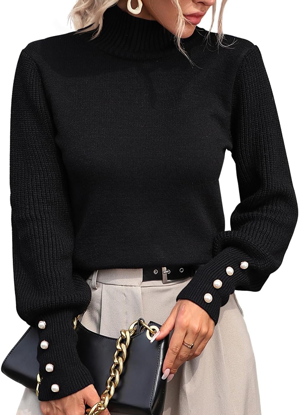 Women's Fall Winter Turtleneck Sweaters for Women Lantern Sleeve Knitted Pullover Sweater Jumper Tops