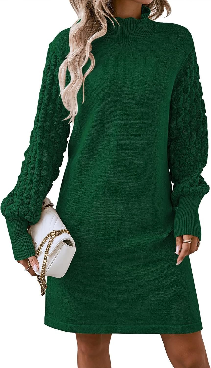 Women's Long Sleeve Sweater Mini Dress Casual Loose Mock Neck Empire Waist Cocktail Party Knit Short Dresses