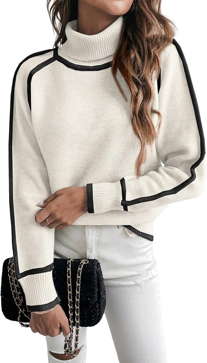 Fall Sweaters for Women Trendy 2025 Cute Cozy Turtleneck Long Sleeve Colorblock Knitted Pullover Tops
