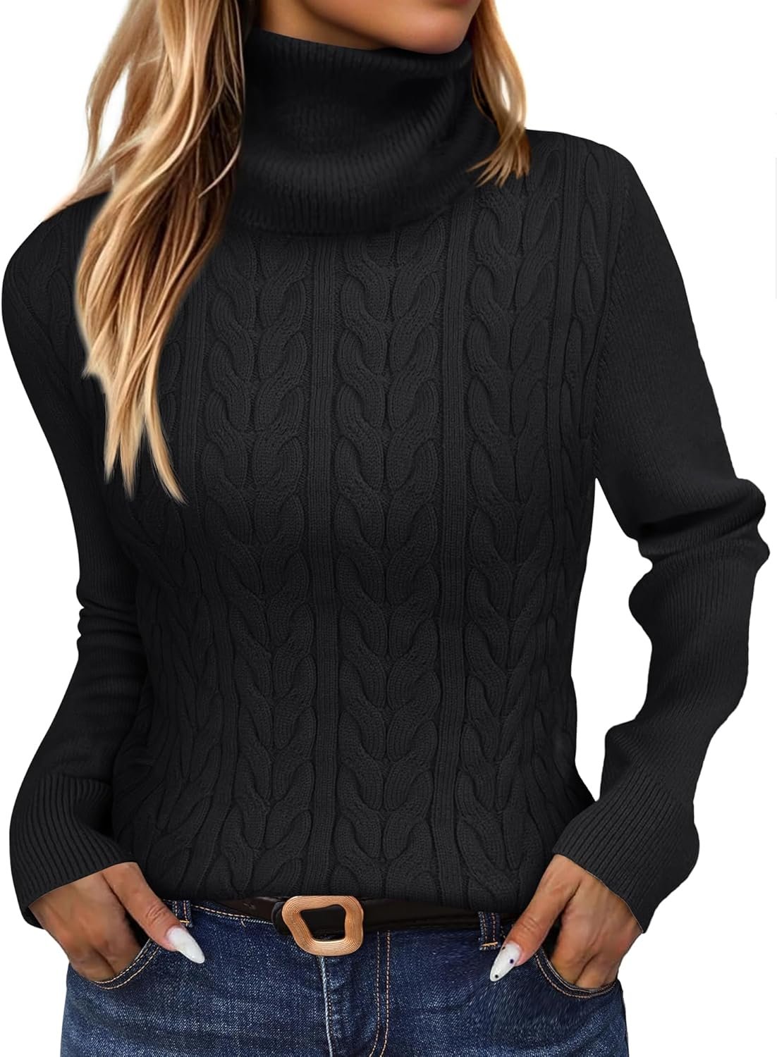 Womens Turtleneck Cable Knit Sweaters Long Sleeve Fitted Business Casual Pullover Top 2025 Fall Outfits