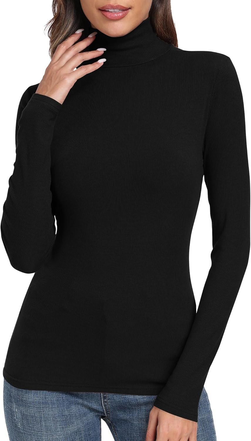 Women's Ribbed Turtleneck Fitted Long Sleeve Shirts Basic Thermal Layering Tops - Image 2