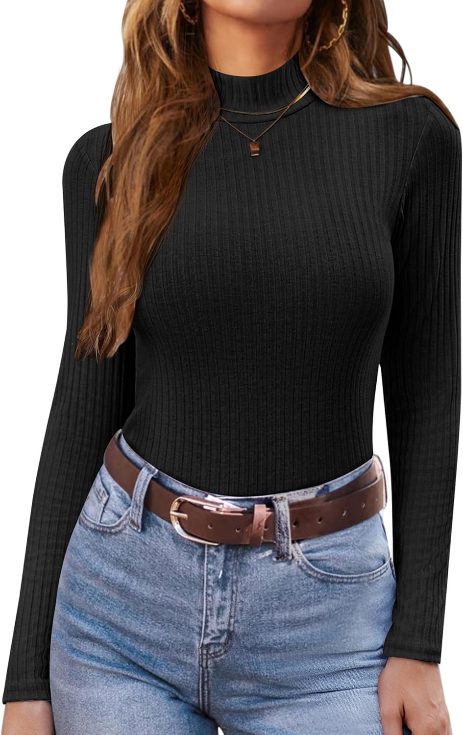 Women's Mock Turtleneck Long Sleeve Shirts Ribbed Knit Lightweight Pullover Sweater Stretch Fitted Thermal Top