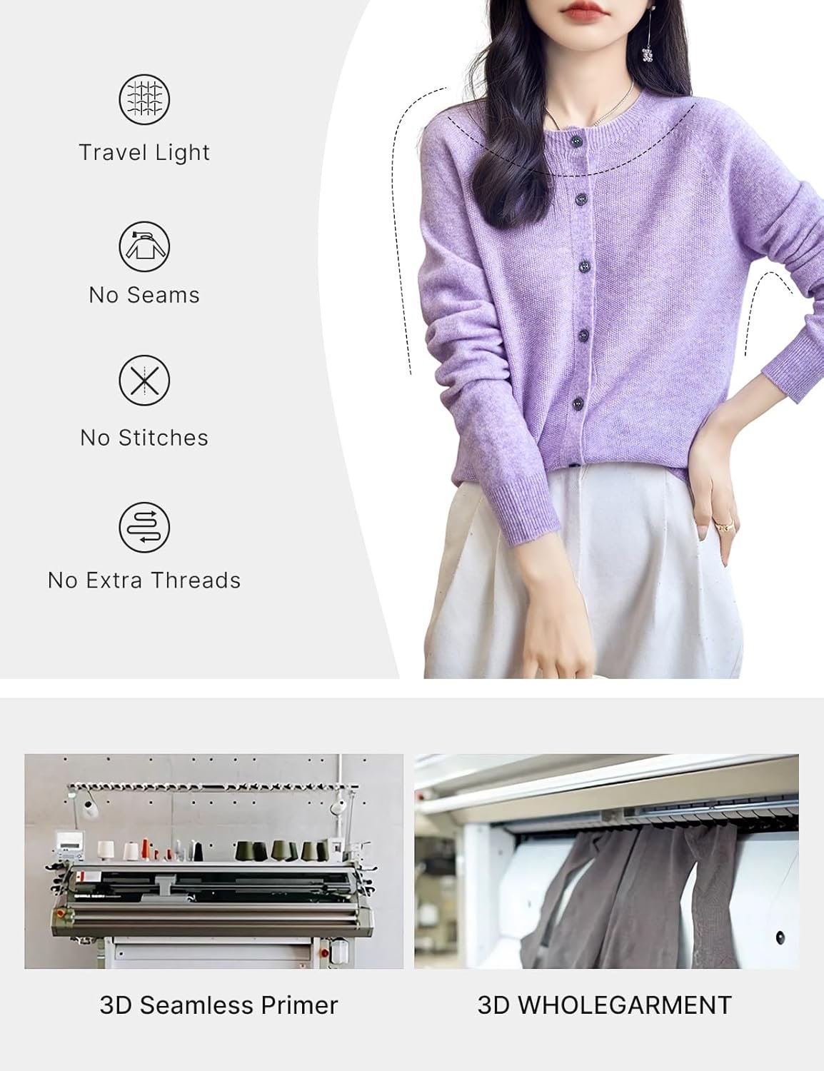 Women's Crewneck 100% Merino Wool Sweater 2025 Spring Fall Solid Long Sleeve Seamless Knitted Cardigan Sweater - Image 2