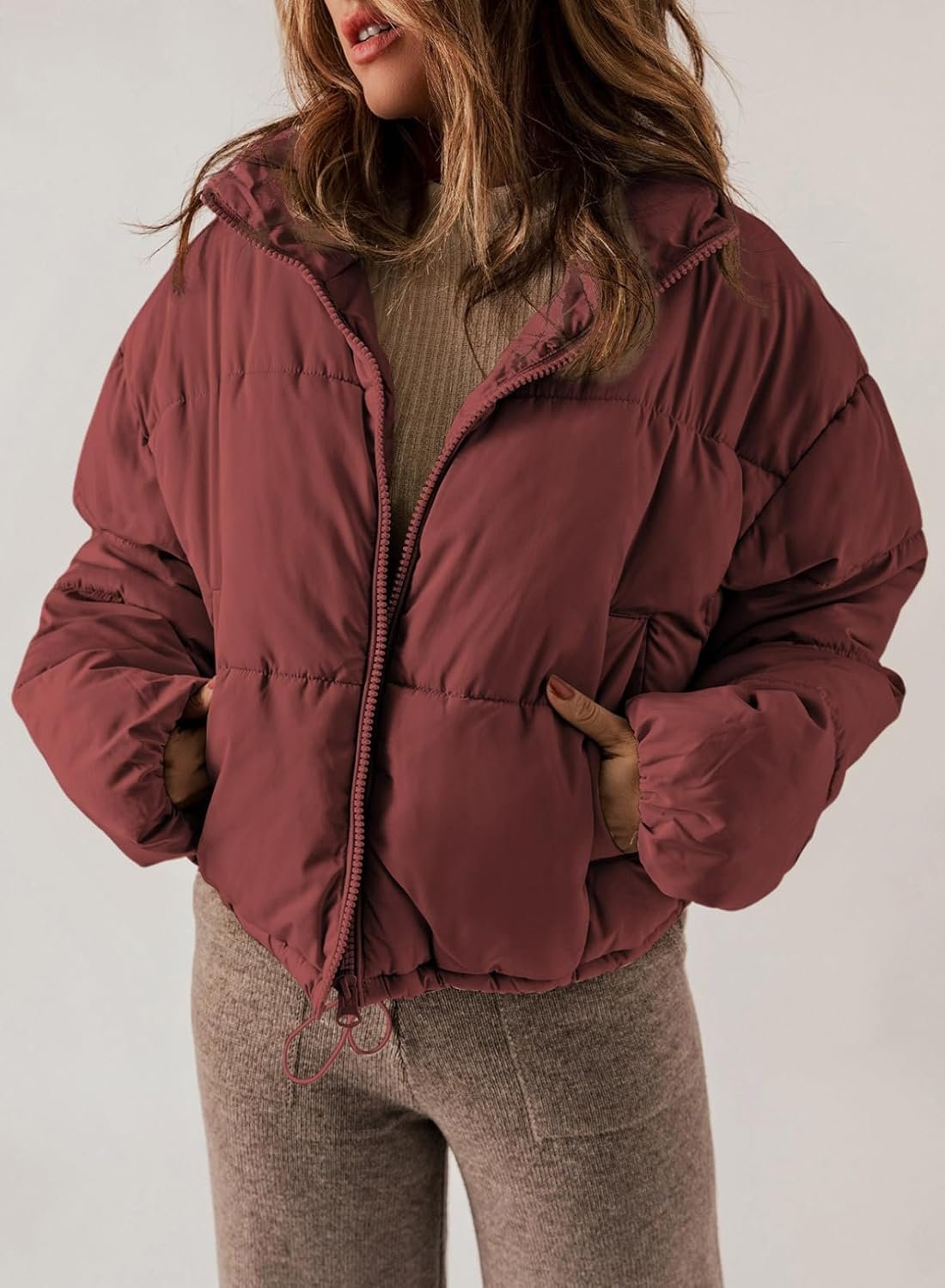 Women's Winter Quilted Jackets Long Sleeve Full Zip Puffer Jacket Coats with Pockets - Image 2