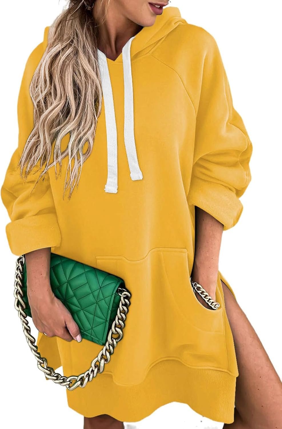 Women's Oversized Casual Pullover Long Sleeve Split Hem Drawstring Hoodies Dress With Kangaroo Pocket