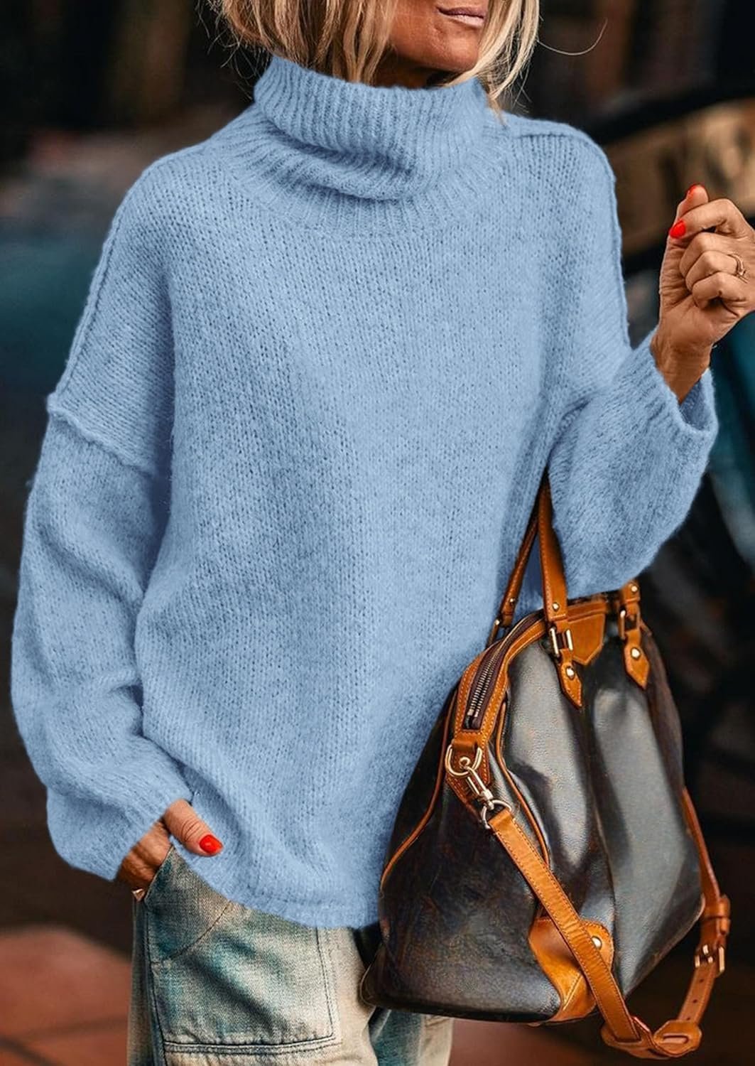 Womens Turtleneck Long Sleeve Sweater 2025 Fall Trendy Loose Fit Knit Tops Oversized Pullover Sweaters - Image 2