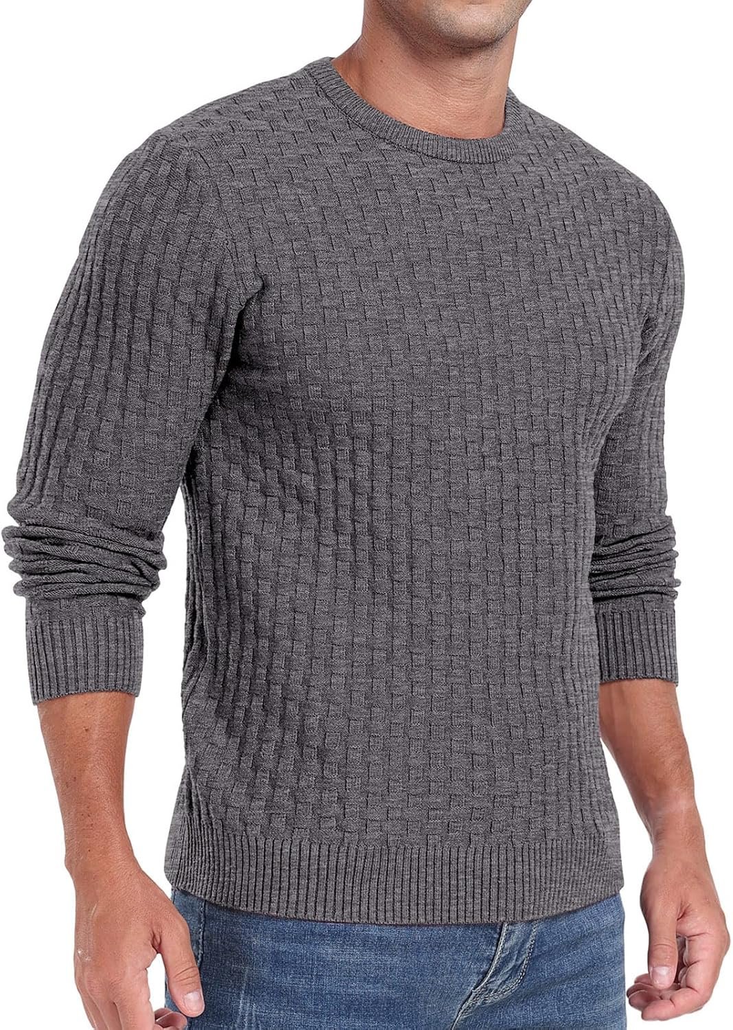 Men's Crewneck Pullover Sweater Waffle Long Sleeve Casual Sweater Soft Knit Waffle Texture Sweater Ribbing - Image 2