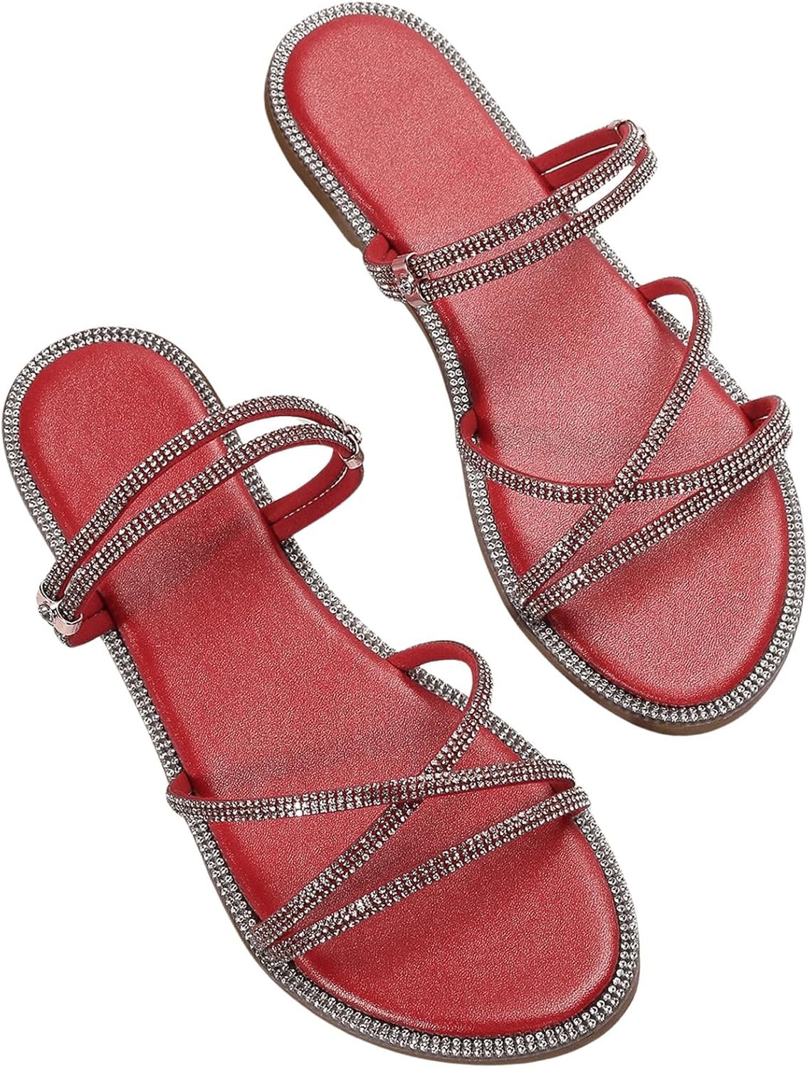 Women Rhinestone Strappy Open Toe Slide Sandals Slip on Casual Flat Sandals