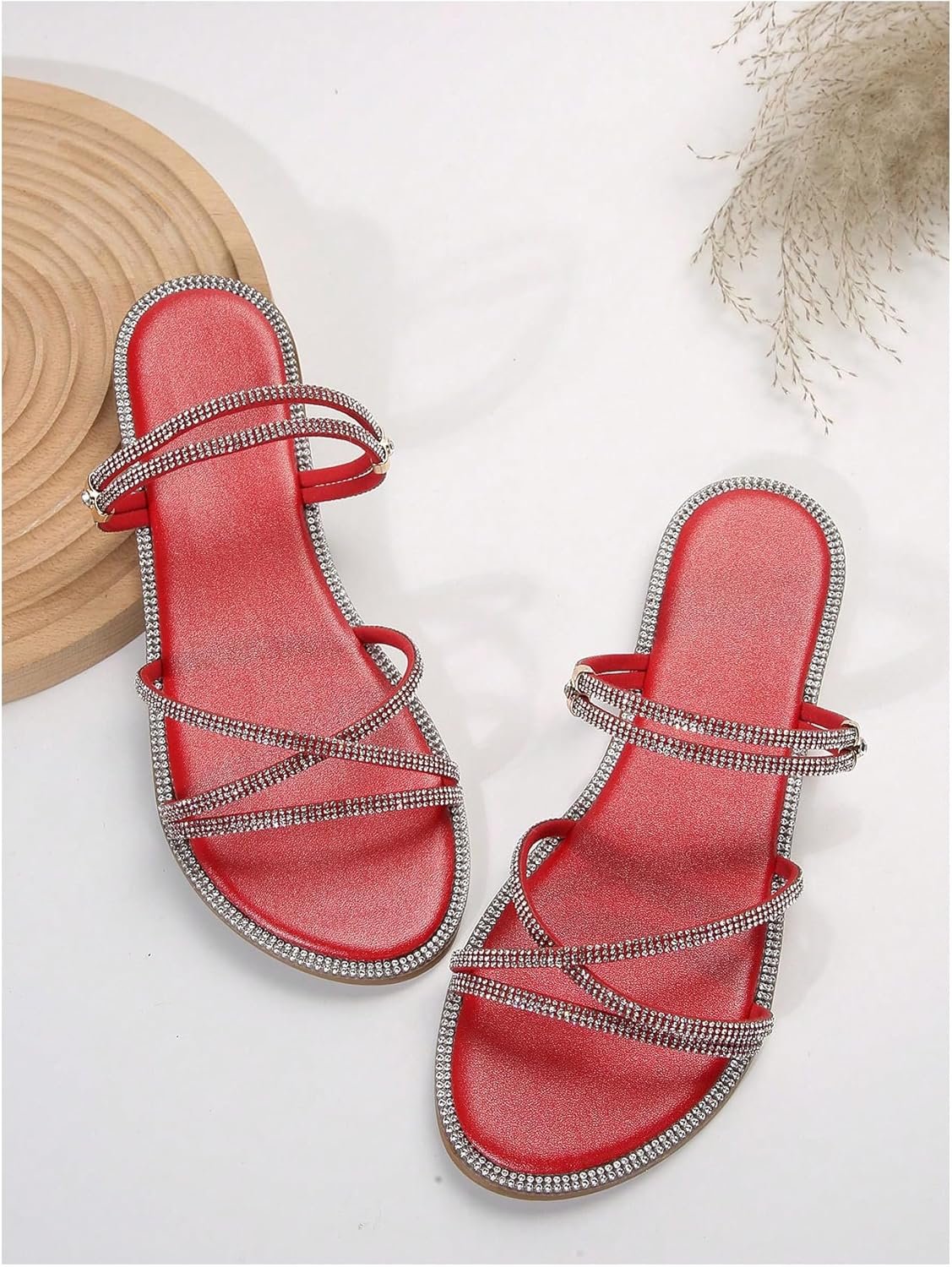 Women Rhinestone Strappy Open Toe Slide Sandals Slip on Casual Flat Sandals - Image 2