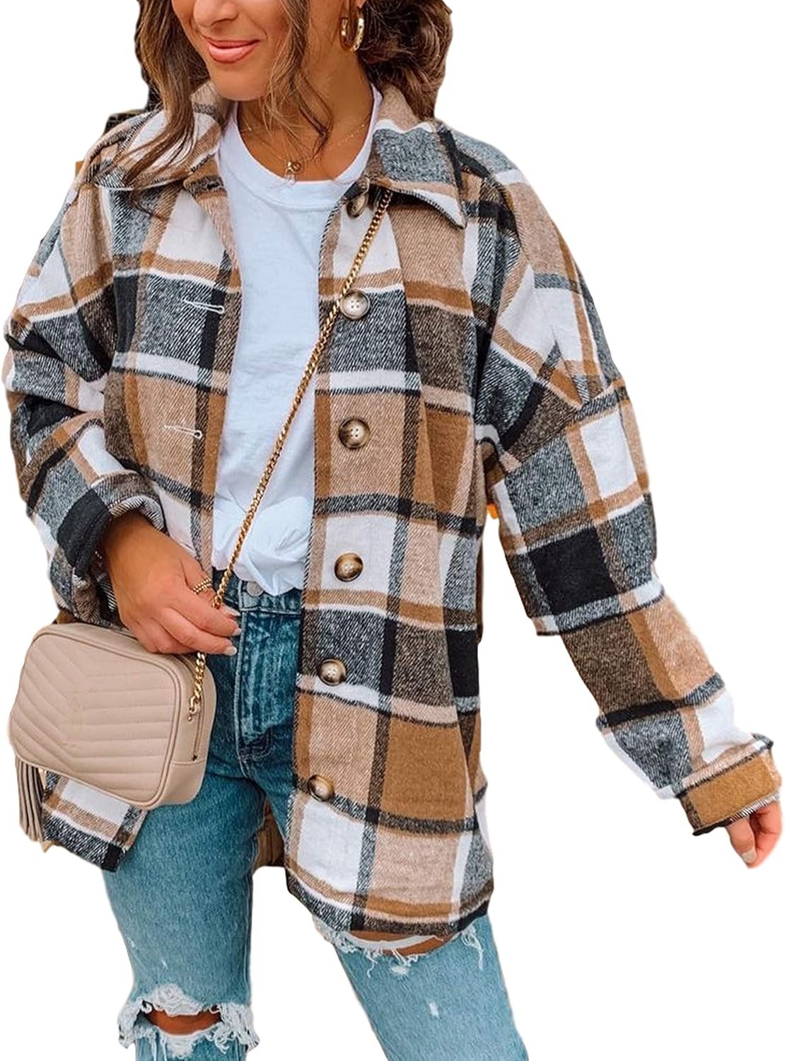 Women's Fall Color Block Plaid Flannel Shacket Jacket Button Down Shirt Coat Tops