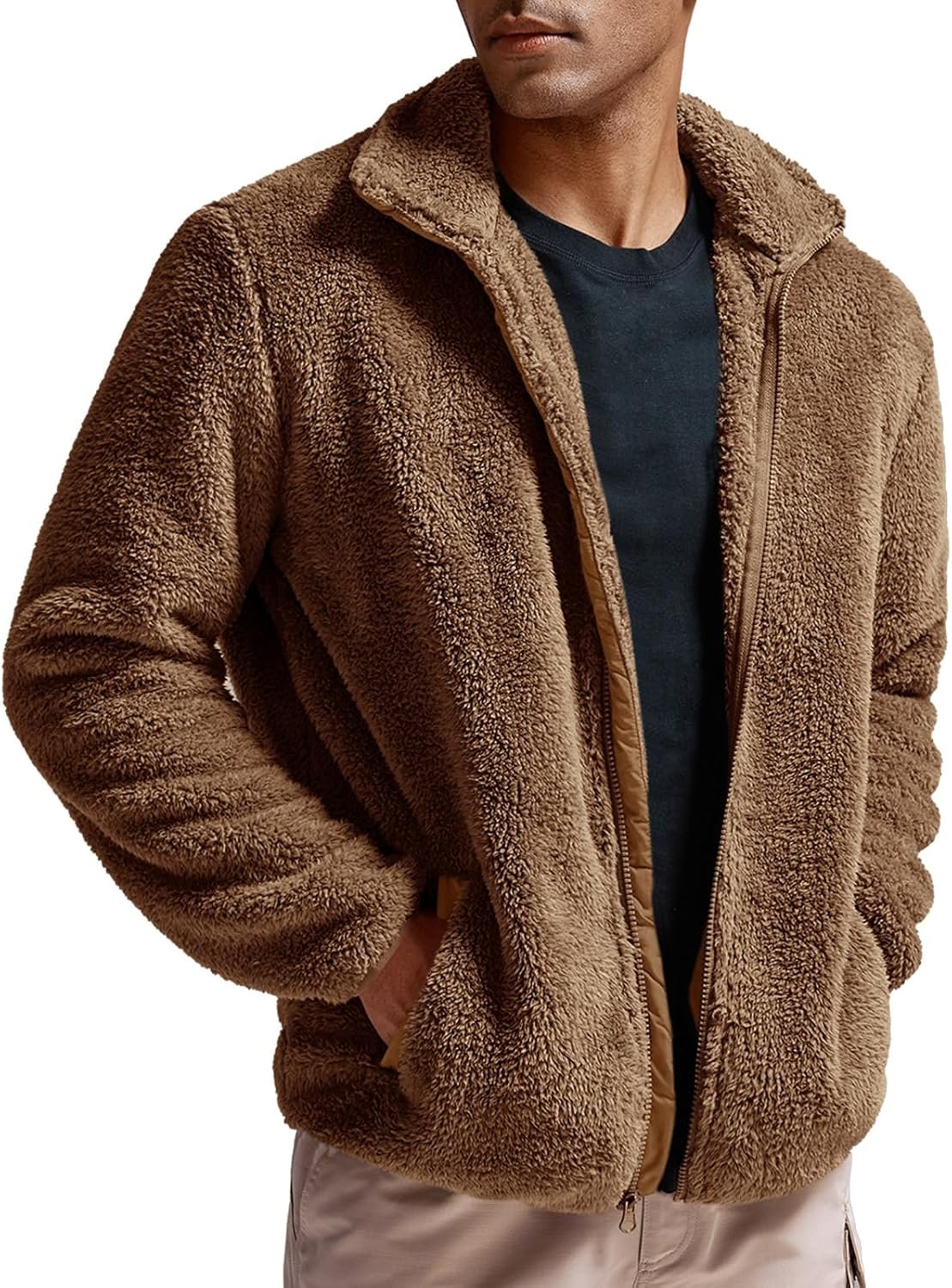 Men's Jacket Fleece Full Zip Fuzzy Open Front Stand Collar Fall Winter Coat Outwear