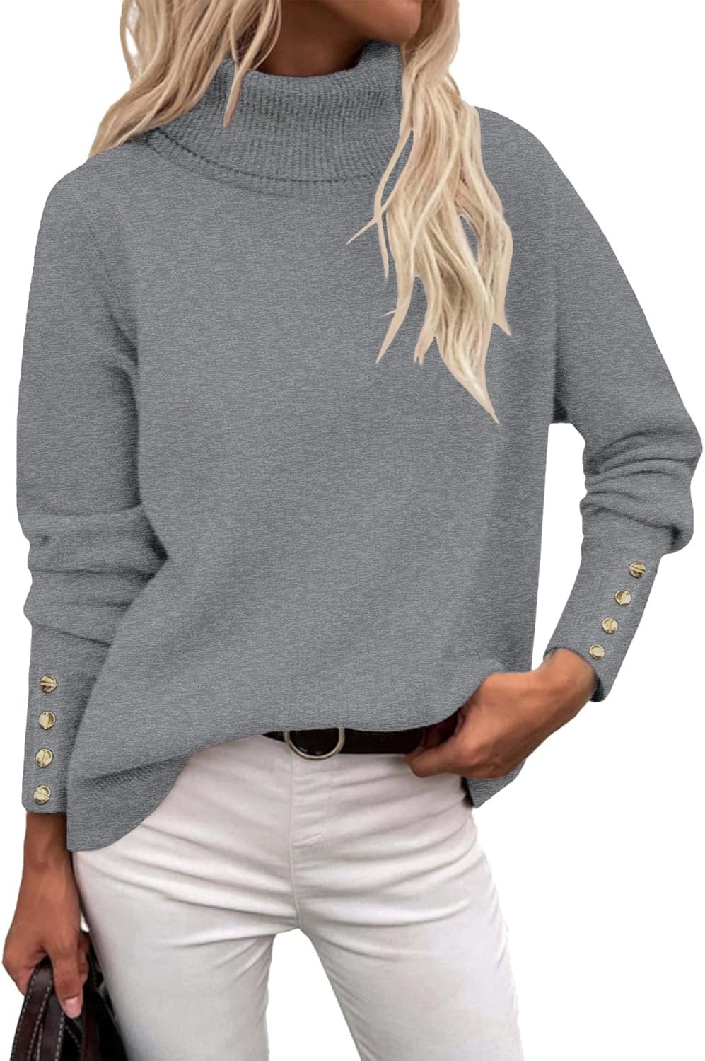 Turtleneck Sweaters for Women 2025 Fall Winter Long Sleeve Knit Pullover High Low Hem Sweater with Metal Buttons