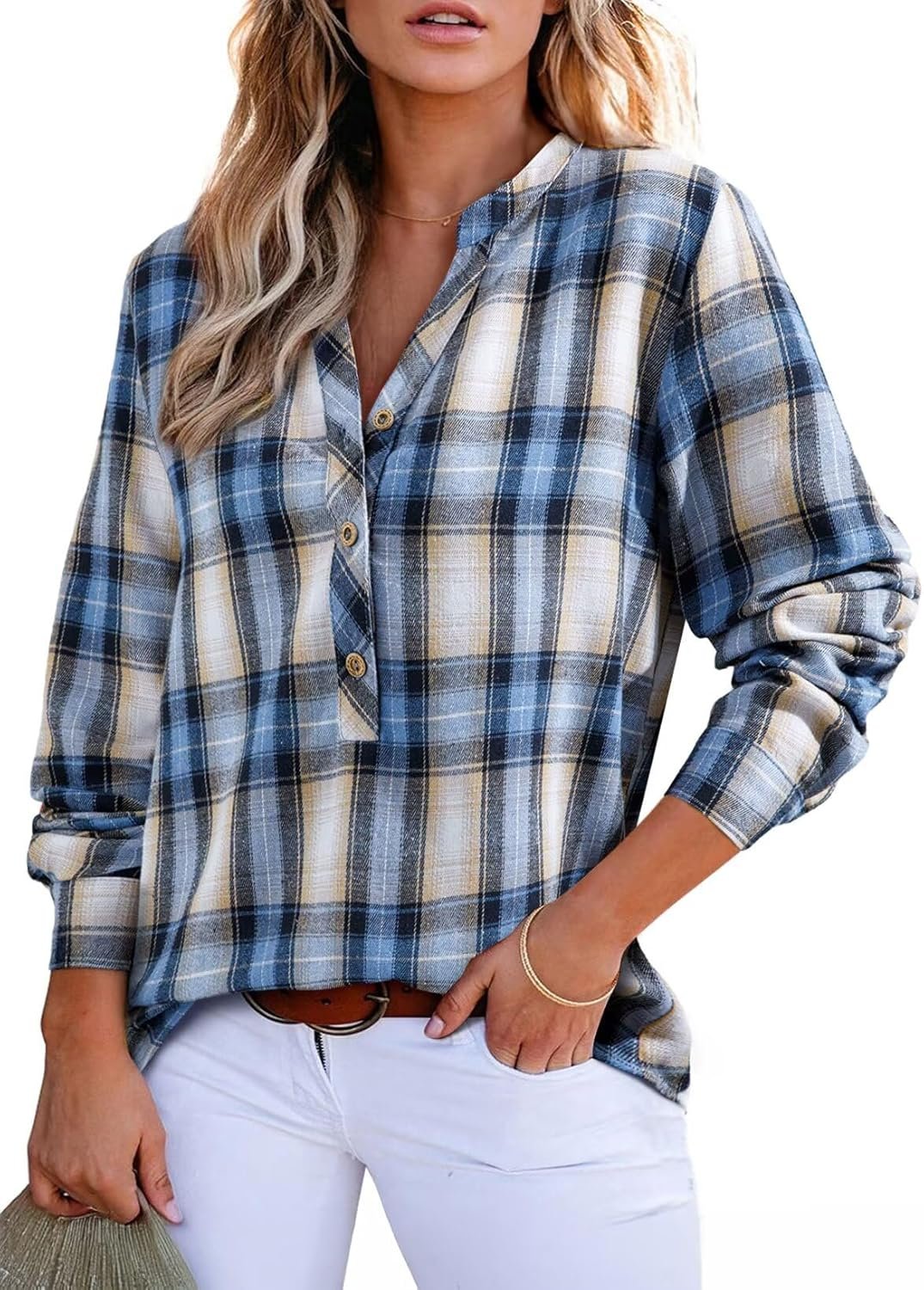 Astylish Women's V Neck Plaid Shirts Flannel Casual Blouses Button-Down Business Boho Tops Long Sleeve 2025 Fall Outfits