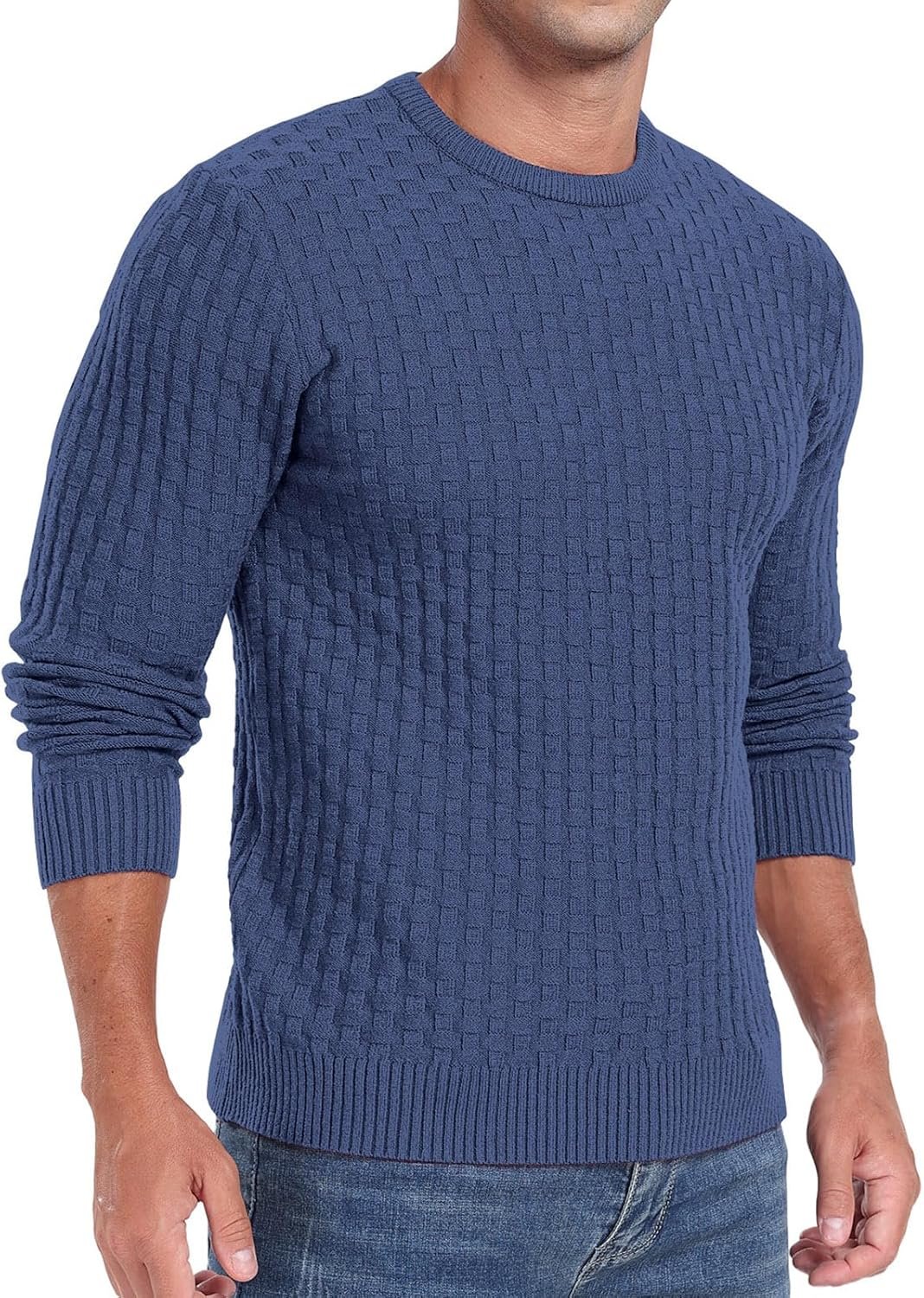 Men's Crewneck Pullover Sweater Waffle Long Sleeve Casual Sweater Soft Knit Waffle Texture Sweater Ribbing - Image 2